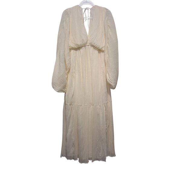 ASOS Design Cream Chiffon Maxi Dress US12 Pleated Balloon Sleeves, Open Back - Picture 2 of 7